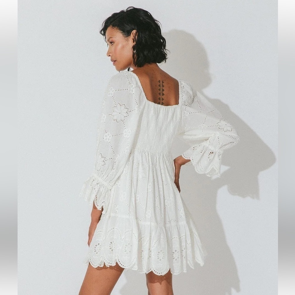 Cleobella Leona Mini Dress - Ivory S Eyelet Smocked Ruffle - Picture 2 of 12